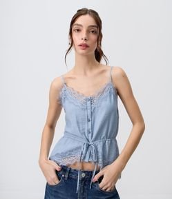 Blusa de Alcinha com Renda Texturizada e Amarração Frontal