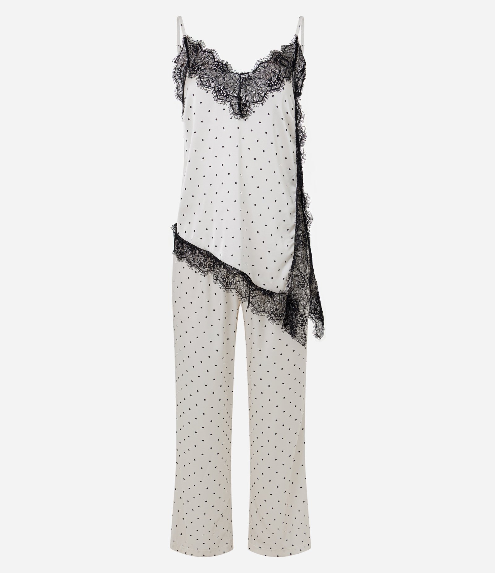 Pijama Longo em Cetim com Estampa Poá e Renda Branco 1