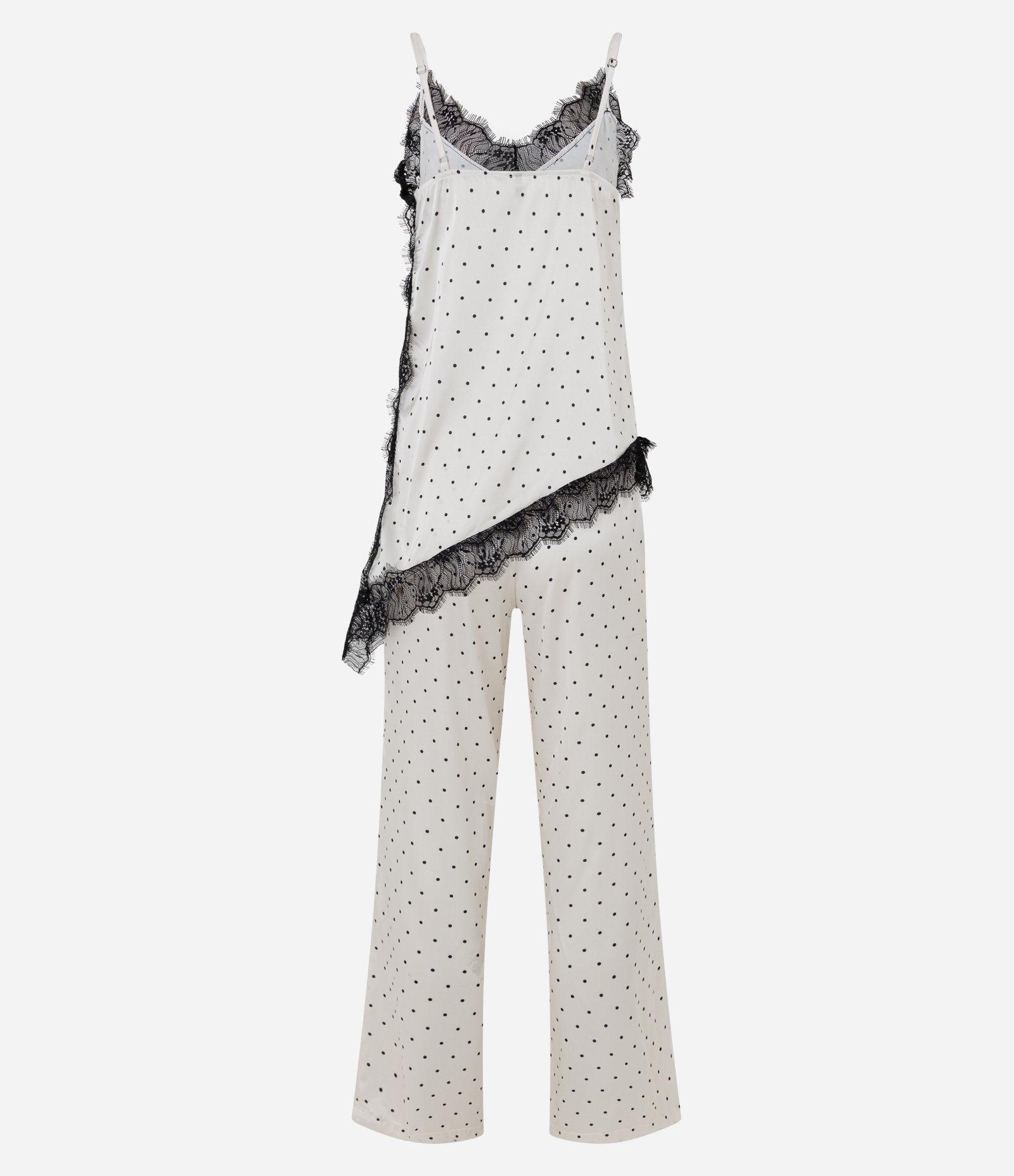 Pijama Longo em Cetim com Estampa Poá e Renda Branco 3