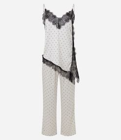 Pijama Longo em Cetim com Estampa Poá e Renda