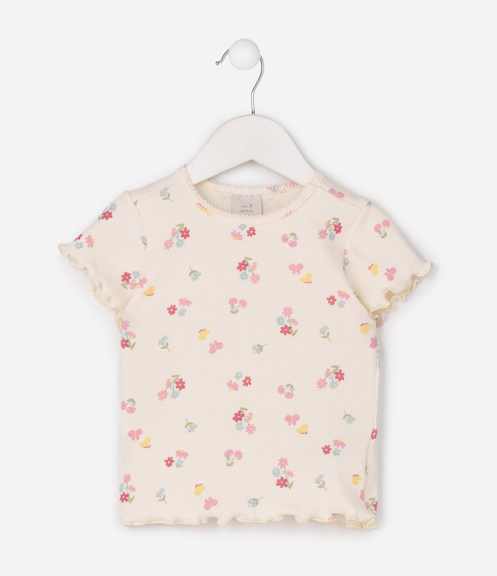 Camiseta Slim em Ribana com Floral Liberty - Tam 1 a 6 Anos Bege 2