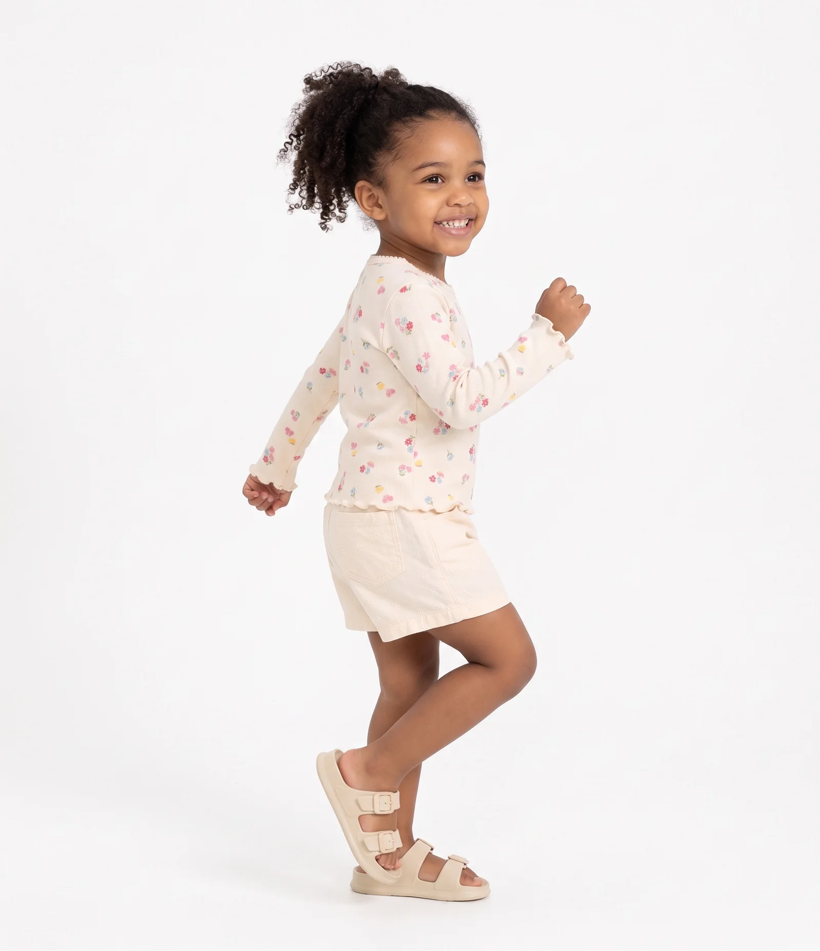 Camiseta Slim Infantil em Ribana com Estampa Floral - Tam 1 a 6 Anos Bege 2