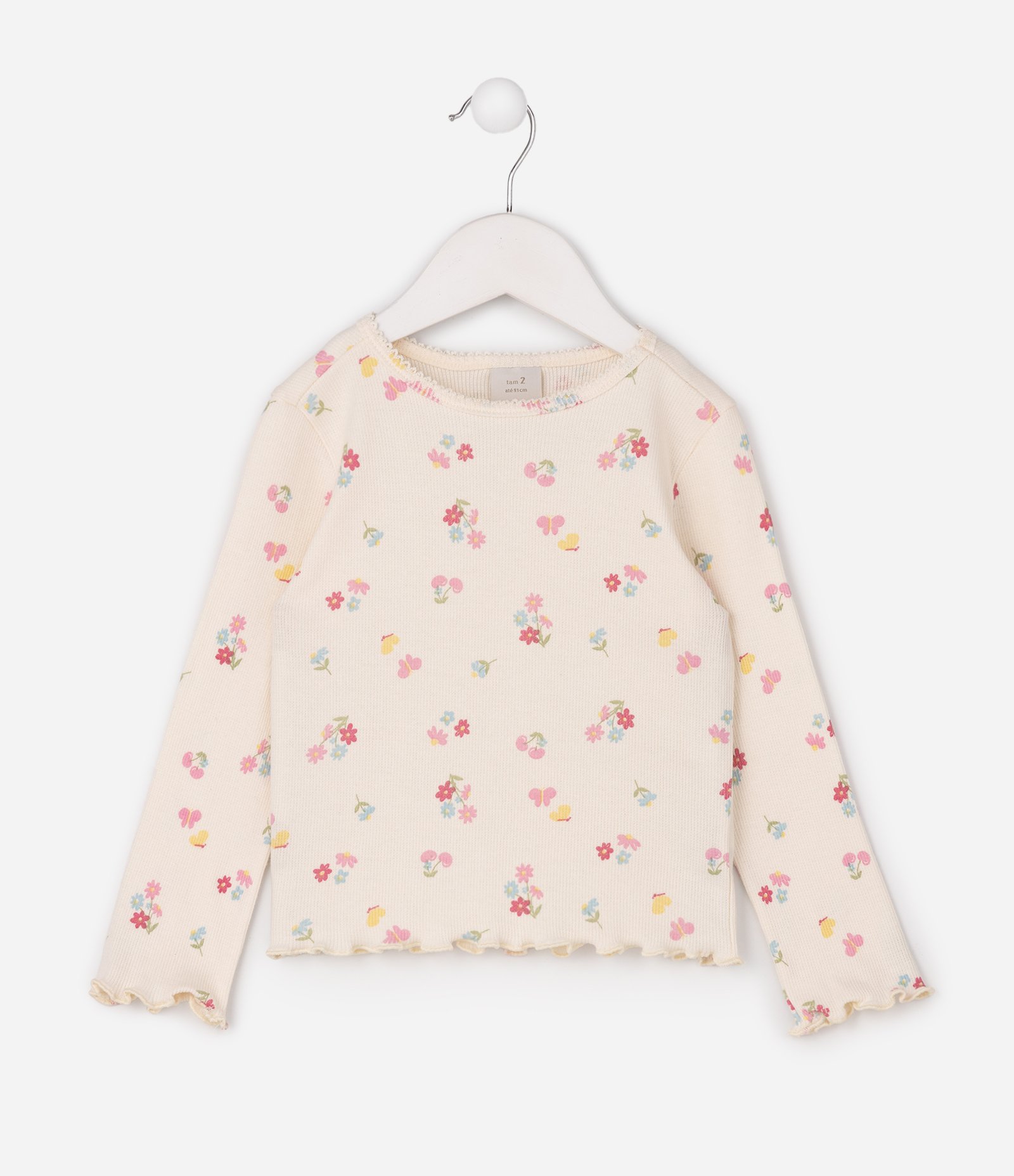 Camiseta Slim Infantil em Ribana com Estampa Floral - Tam 1 a 6 Anos Bege 1