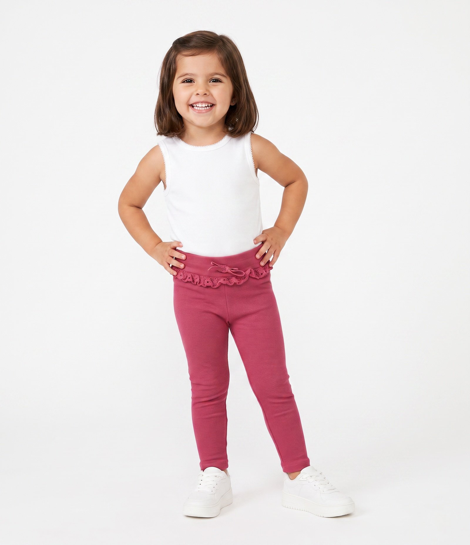 Calça Legging Infantil em Ribana com Broderie no Cós - Tam 1 a 6 Anos Rosa 1