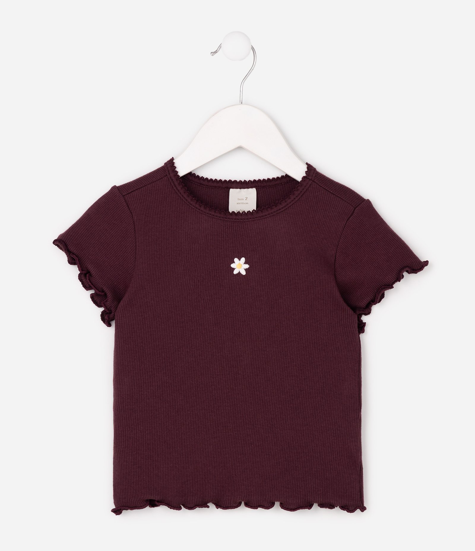Camiseta Slim Infantil em Ribana com Bordado de Flor - Tam 1 a 6 Anos Bordô 1