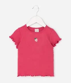 Camiseta Slim Infantil em Ribana com Bordado de Morango - Tam 1 a 6 Anos