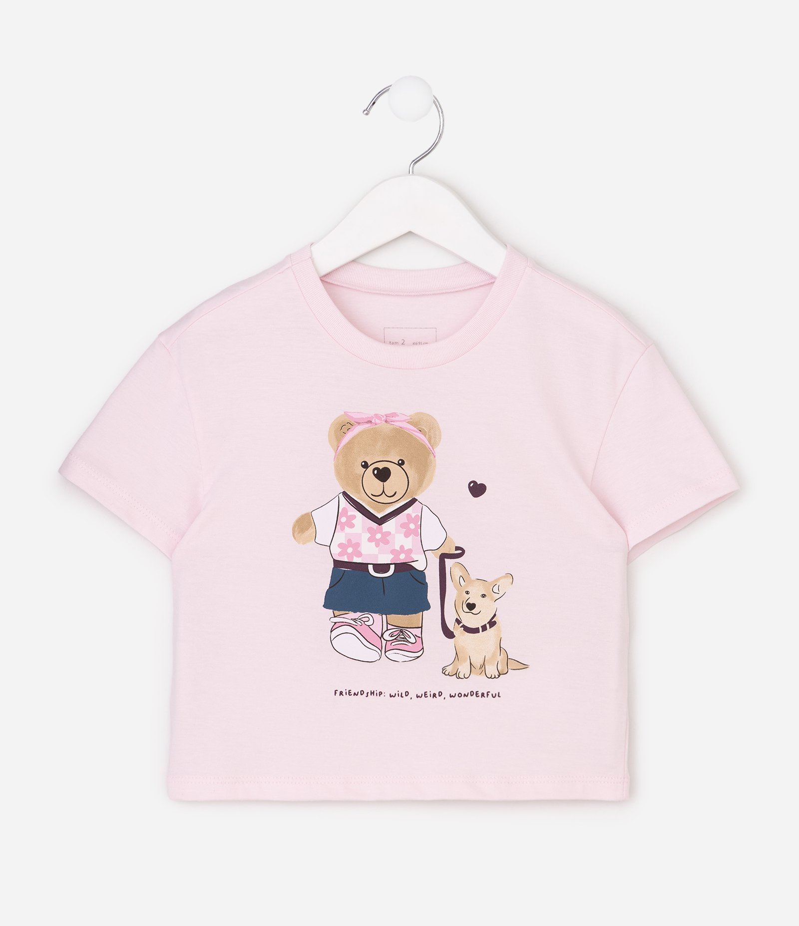 Camiseta Slim Infantil em Algodão com Estampa Urso  - Tam 1 a 6 Anos Rosa 1