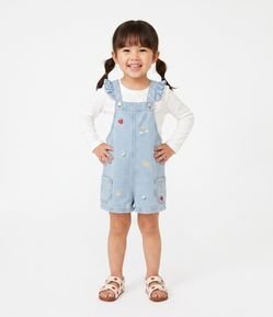 Macacão Jeans Infantil Com Mini Bordadinhos Tropical - Tam 1 a 6 Anos