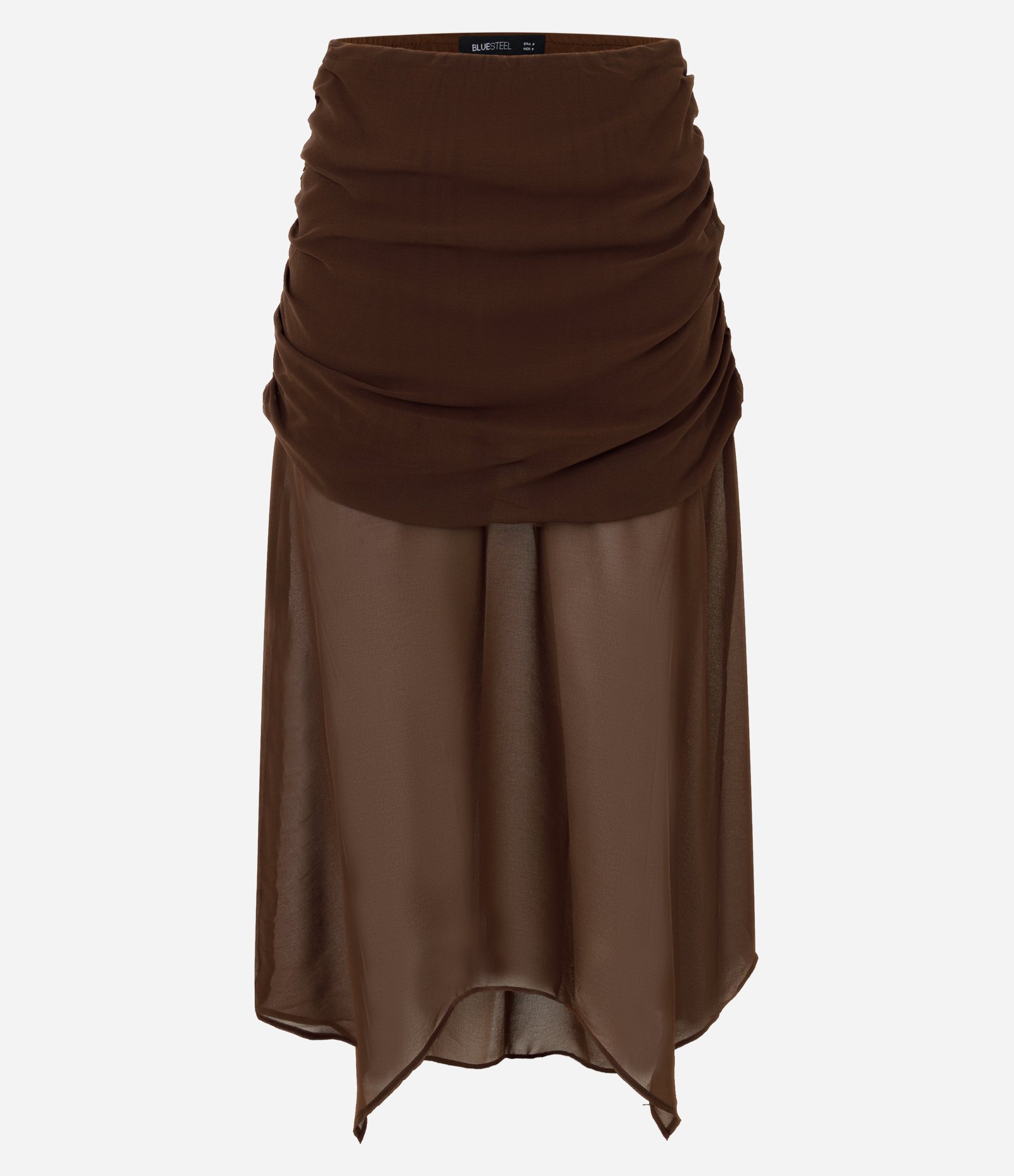 Saia Midi em Chiffon com Drapeado e Barra Assimétrica Marrom 5