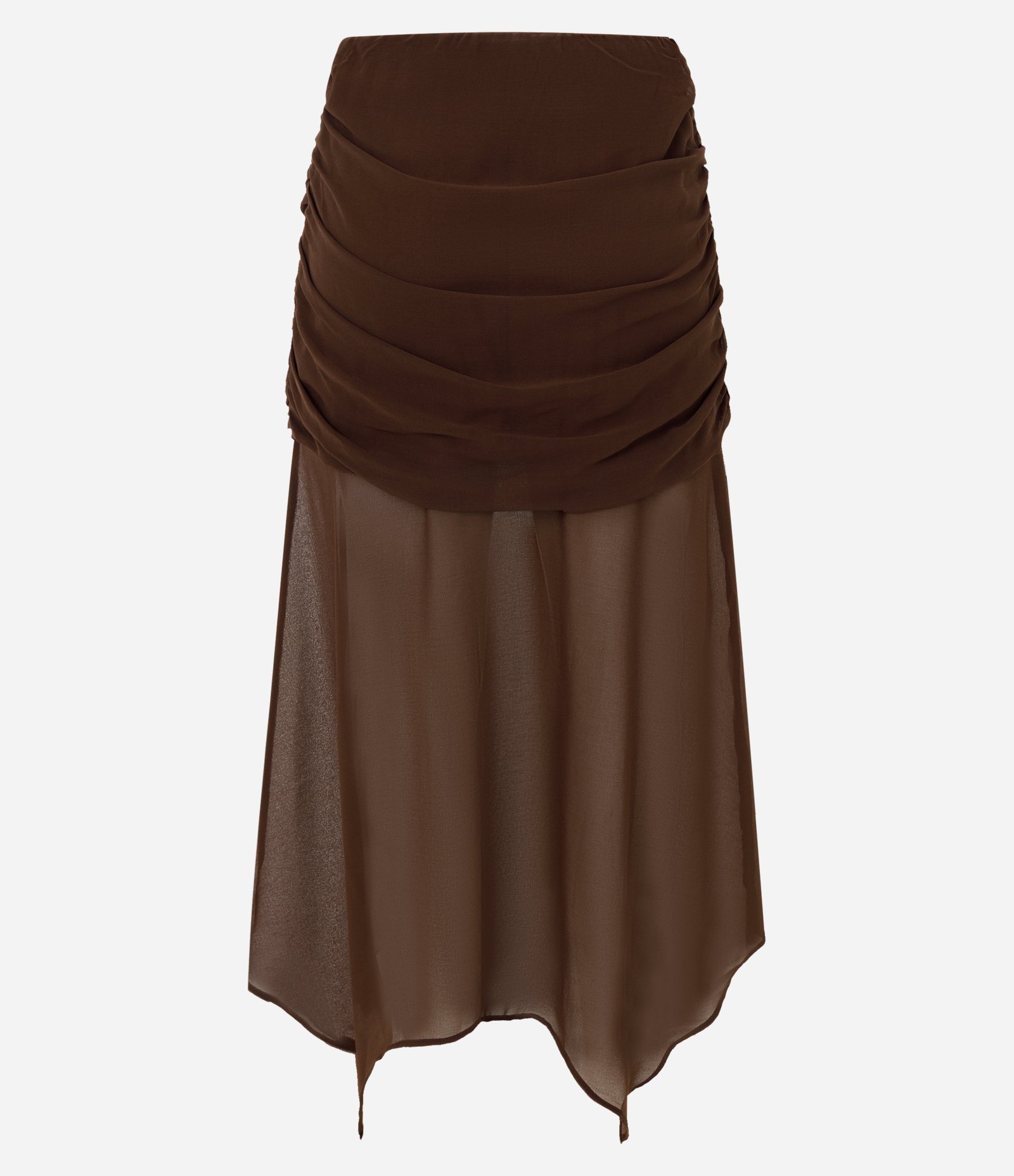 Saia Midi em Chiffon com Drapeado e Barra Assimétrica Marrom 6