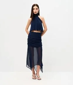 Saia Midi em Chiffon com Drapeado e Barra Assimétrica