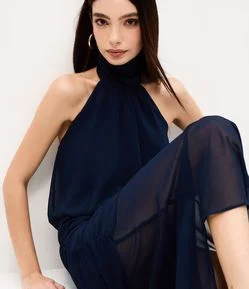 Blusa Halter em Chiffon com Gola Alta e Barra Balonê