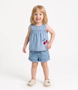 Blusa Bata Infantil em Jeans com Bordado de Cereja - Tam 1 a 6 Anos