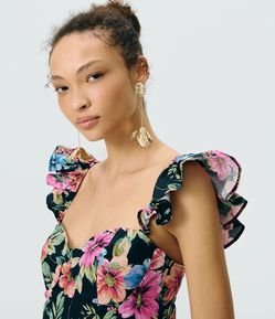 Blusa em Tricoline com Estampa Floral e Alças com Babados