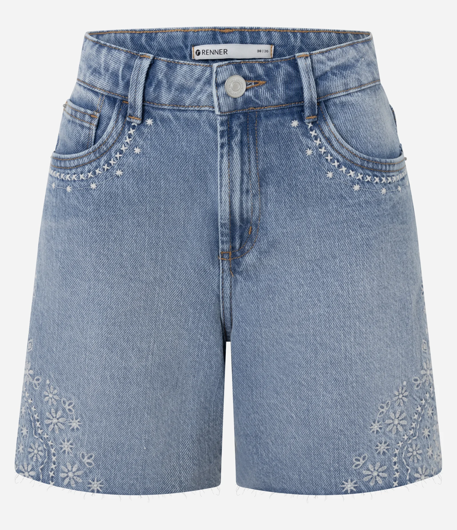 Short Midi em Jeans com Bordado de Flores Azul 4