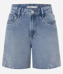 Short Midi em Jeans com Bordado de Flores
