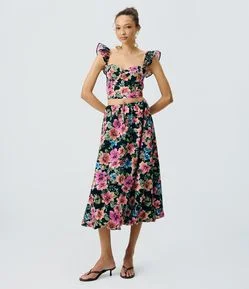 Saia Midi em Tricoline com Estampa Floral Tropical