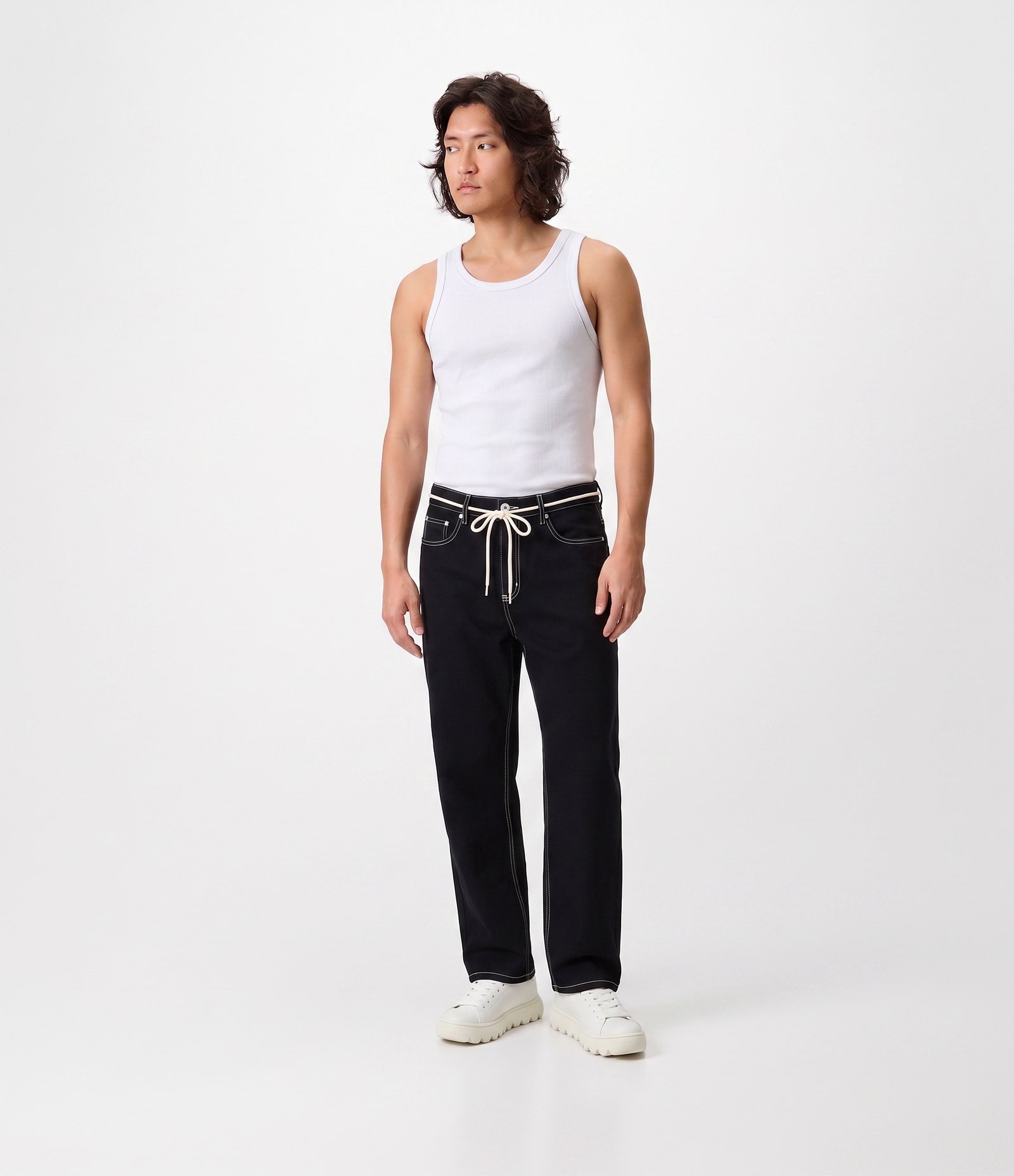 Calça Baggy Relaxed em Sarja com Cadarço Preto 1