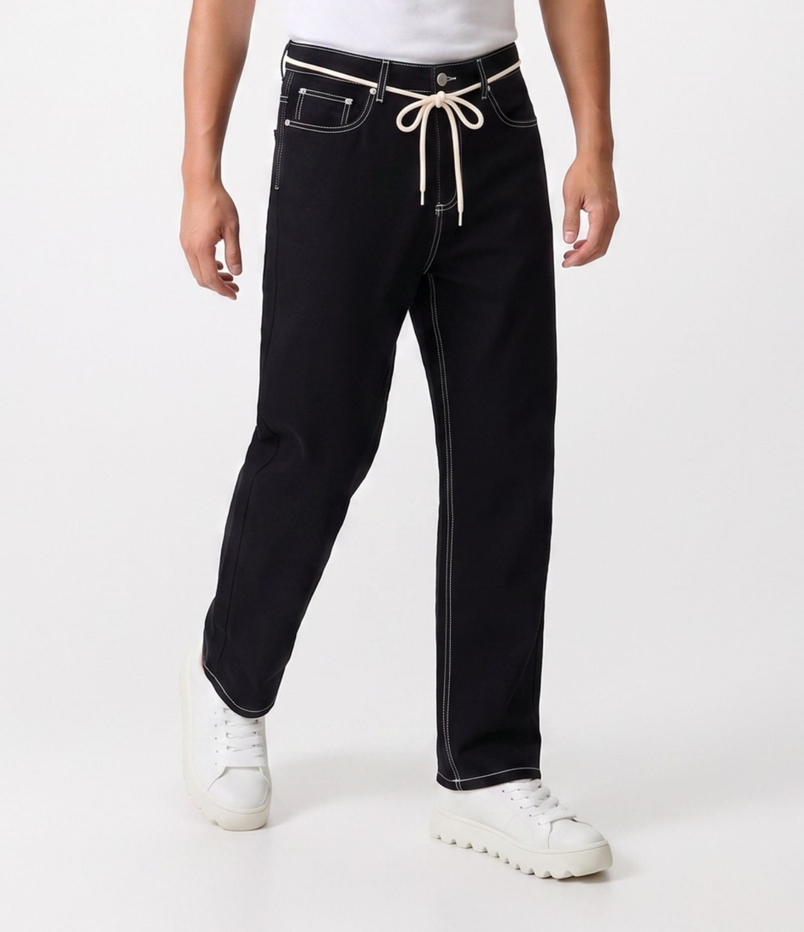 Calça Baggy Relaxed em Sarja com Cadarço Preto 3