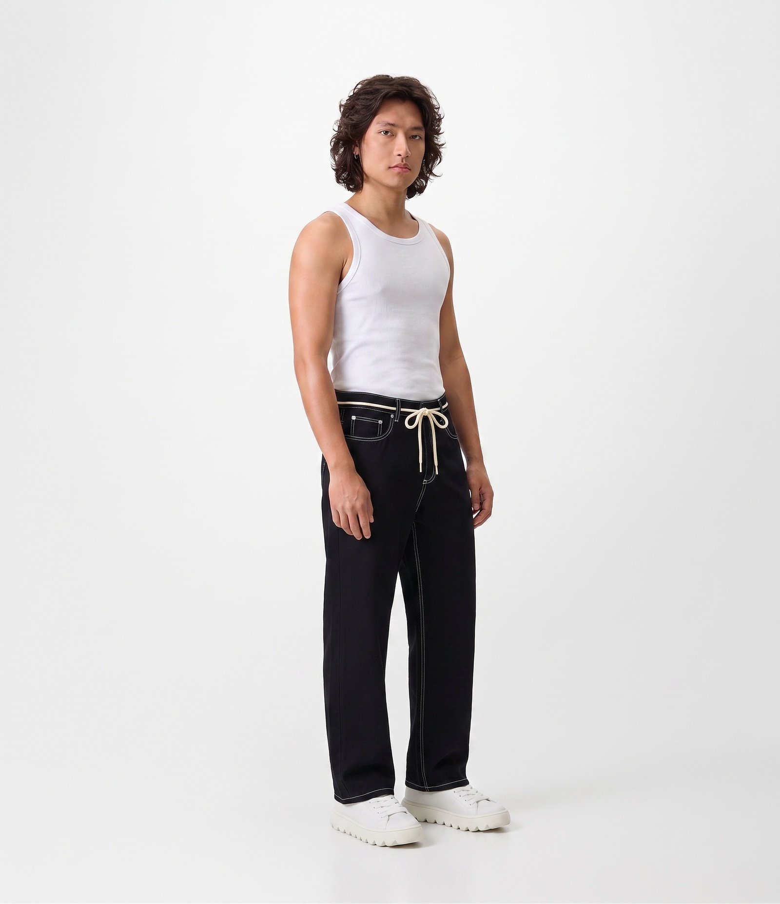 Calça Baggy Relaxed em Sarja com Cadarço Preto 4