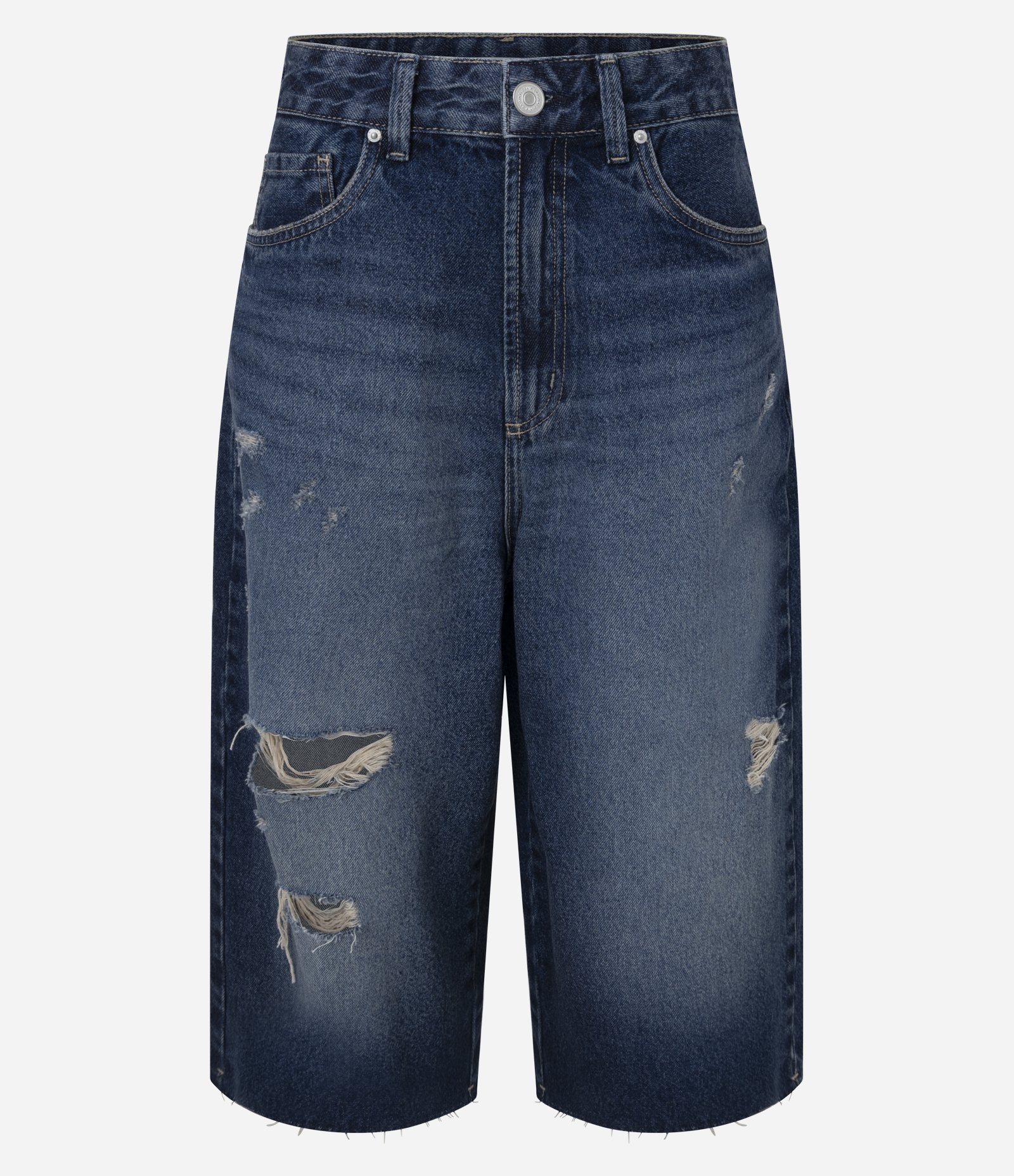 Bermuda Jorts em Jeans com Puídos Localizados Azul Escuro 1