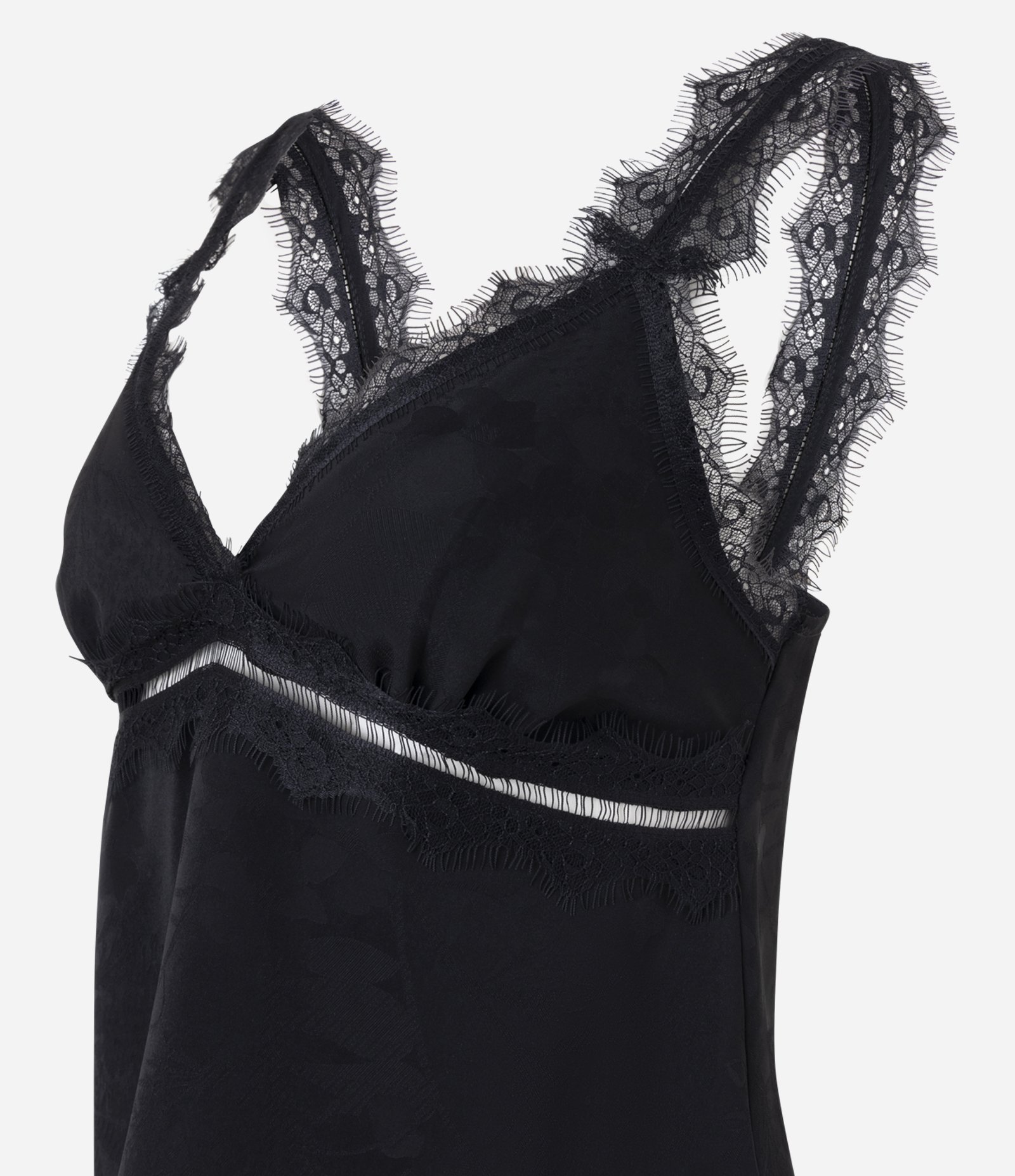 Blusa Acetinada em Jacquard com Renda Aplicada e Recorte Vazado Preto 6