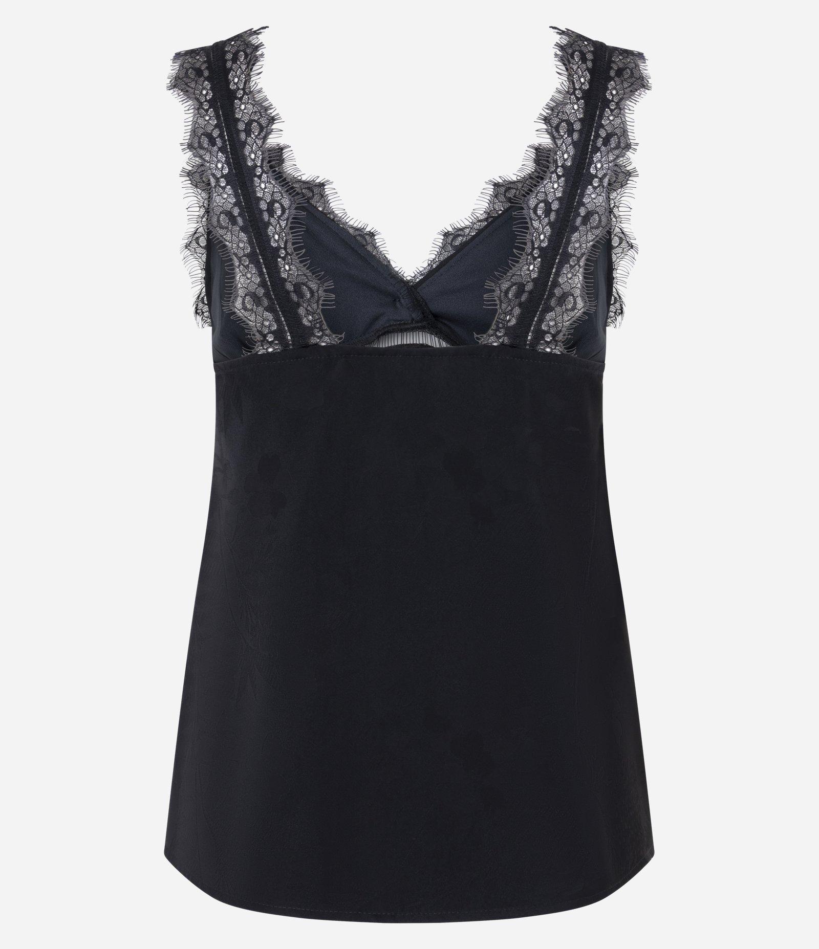 Blusa Acetinada em Jacquard com Renda Aplicada e Recorte Vazado Preto 7
