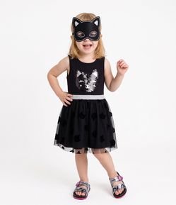 Vestido Infantil Em Algodão Estampa Gato com Paetês - Tam 1 a 6 Anos