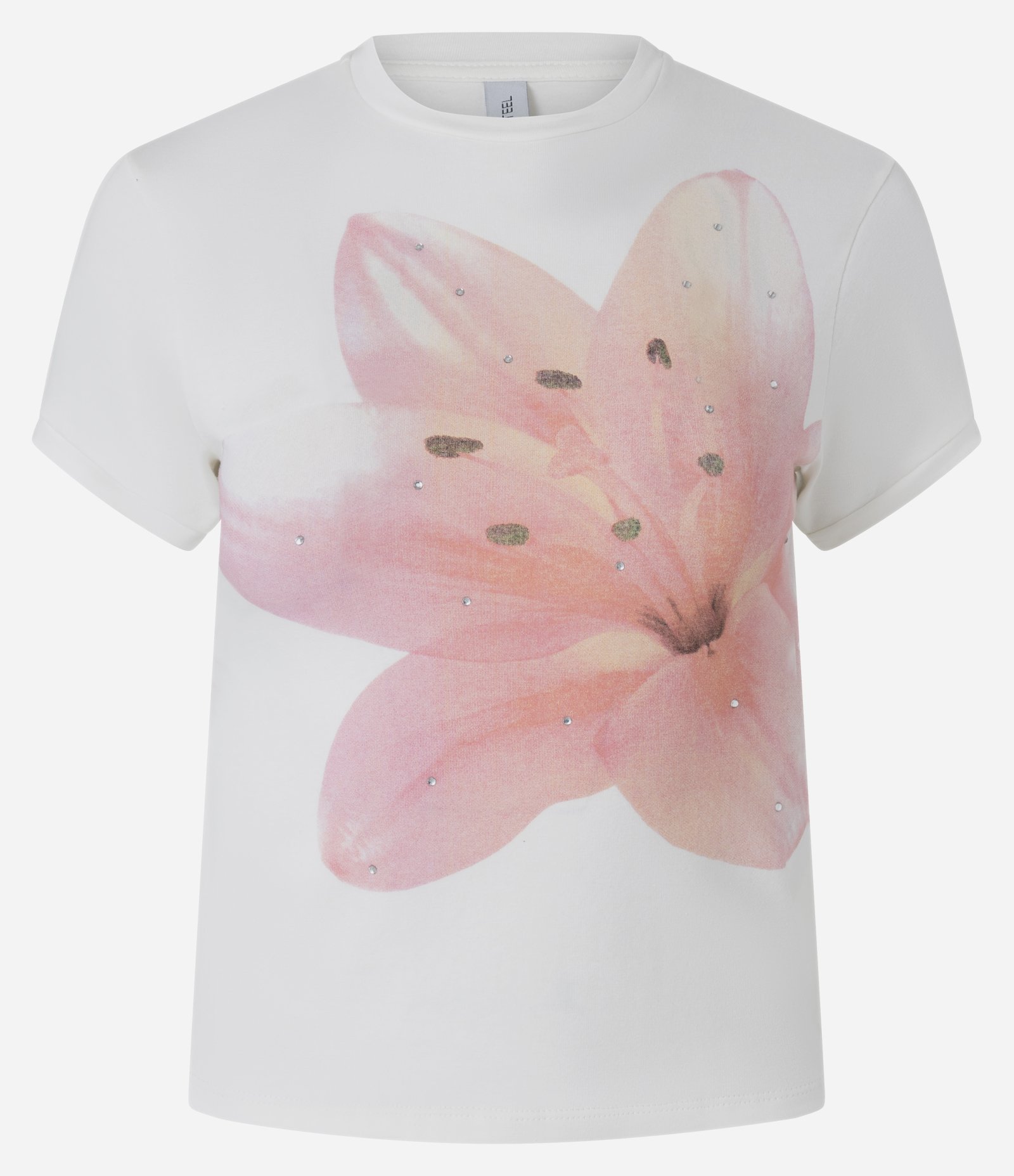 Camiseta Baby Tee com Estampa Lírio e Aplicação em Pedrarias Branco 5