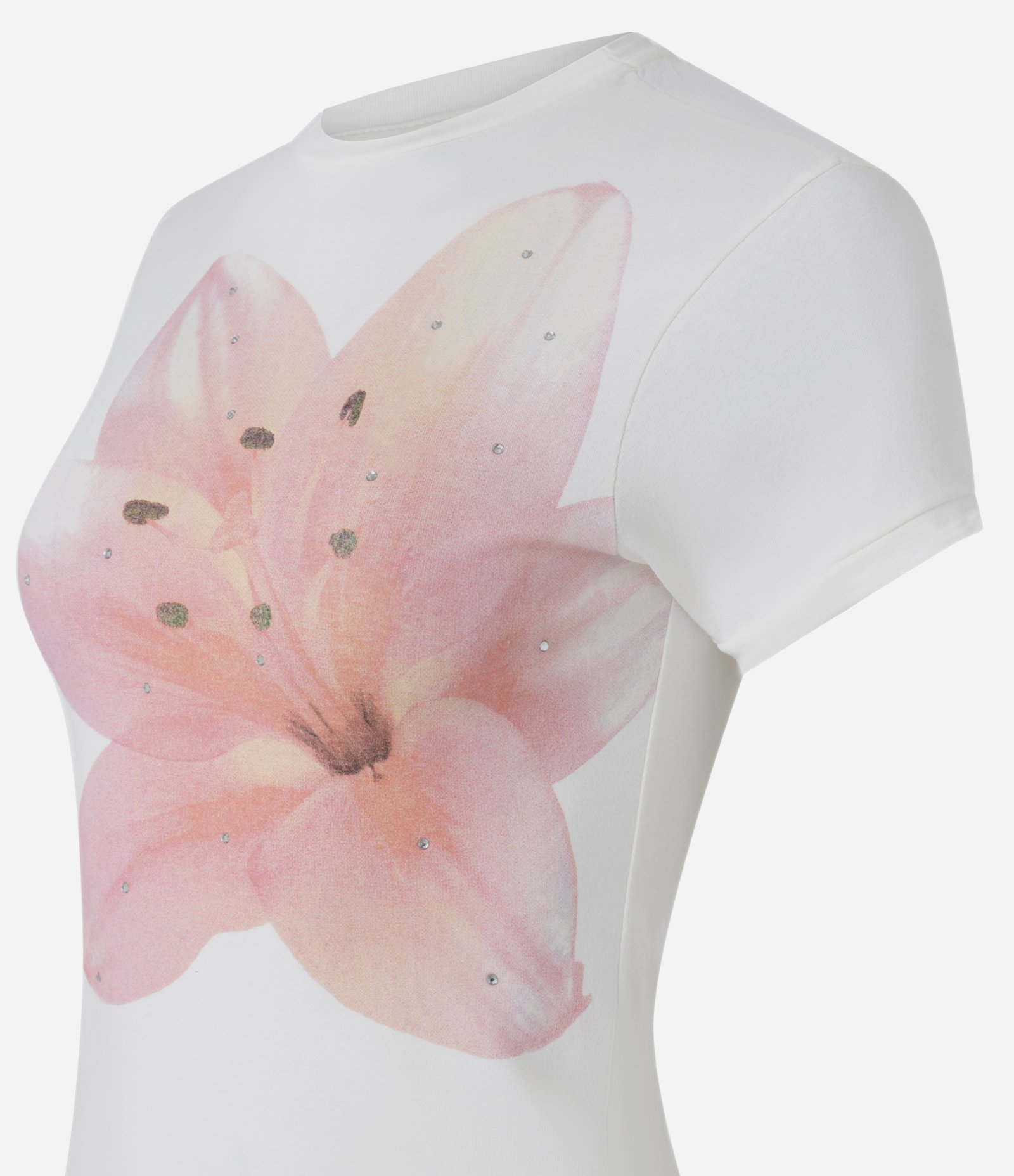 Camiseta Baby Tee com Estampa Lírio e Aplicação em Pedrarias Branco 6
