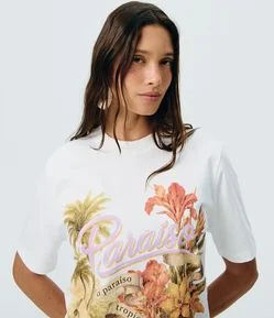 Camiseta Alongada em Algodão com Estampa Paraíso Tropical