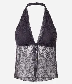 Blusa Frente Única em Renda com Transparência e Botões Frontais