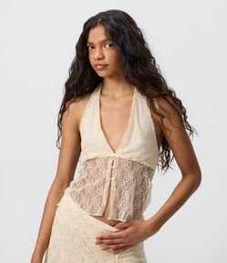 Blusa Frente Única em Renda com Transparência e Botões Frontais