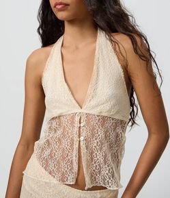 Blusa Frente Única em Renda com Transparência e Botões Frontais