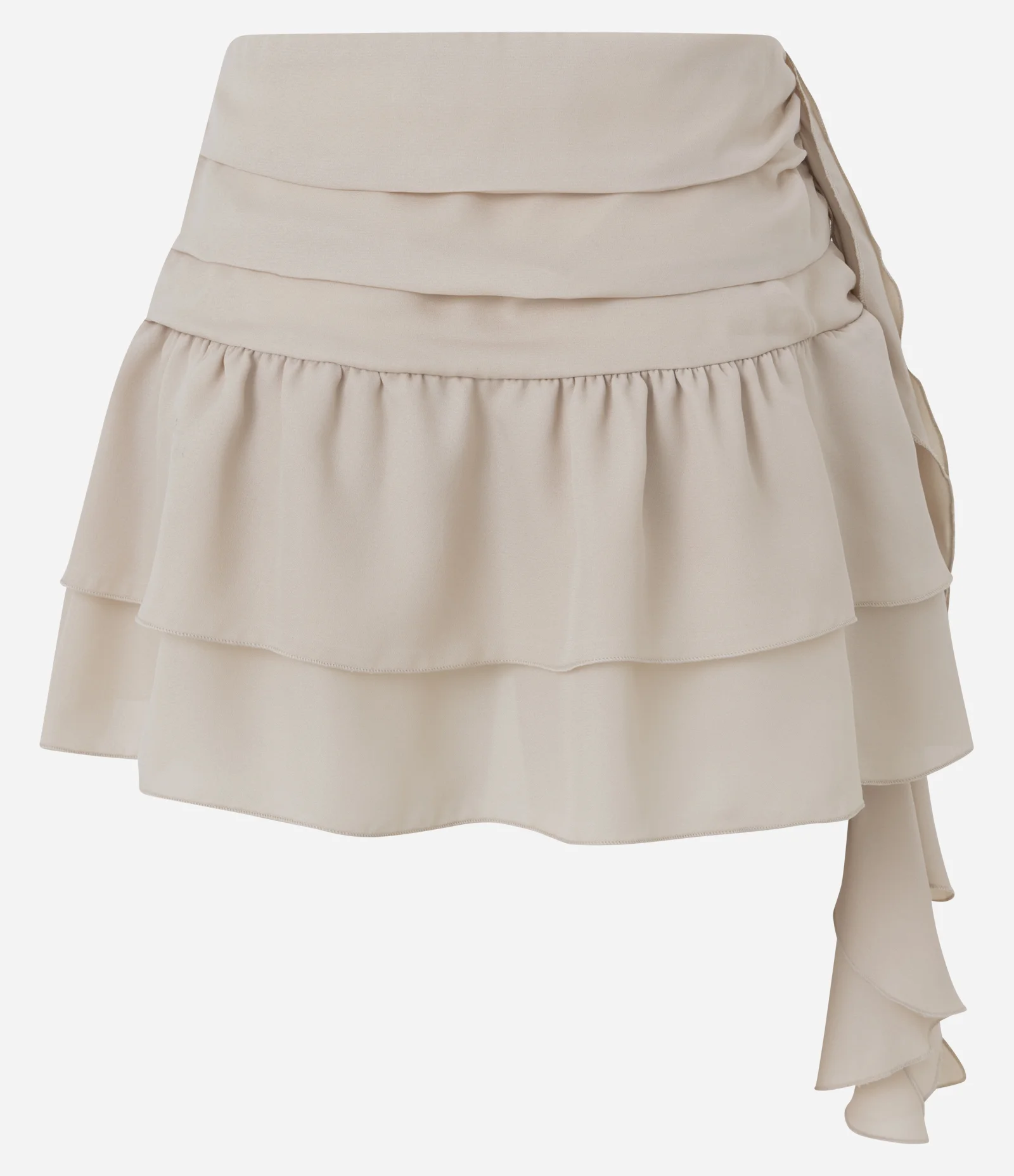Saia Curta em Chiffon com Babados e Pontas Laterais Bege 2