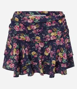 Short Saia Floral com Babados e Franzidos