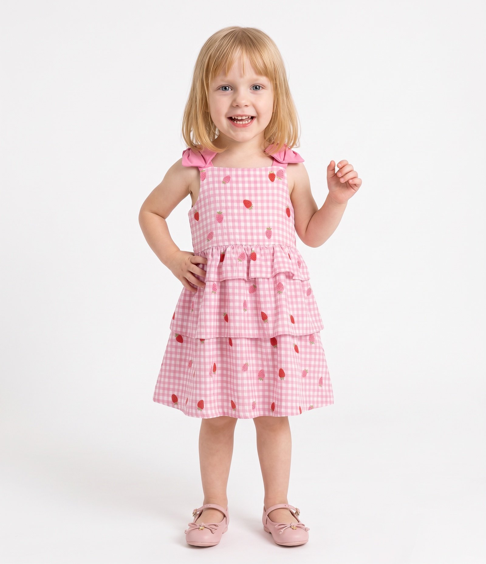 Vestido Infantil Xadrez com Moranguinhos - Tam 1 a 6 Anos Rosa 1
