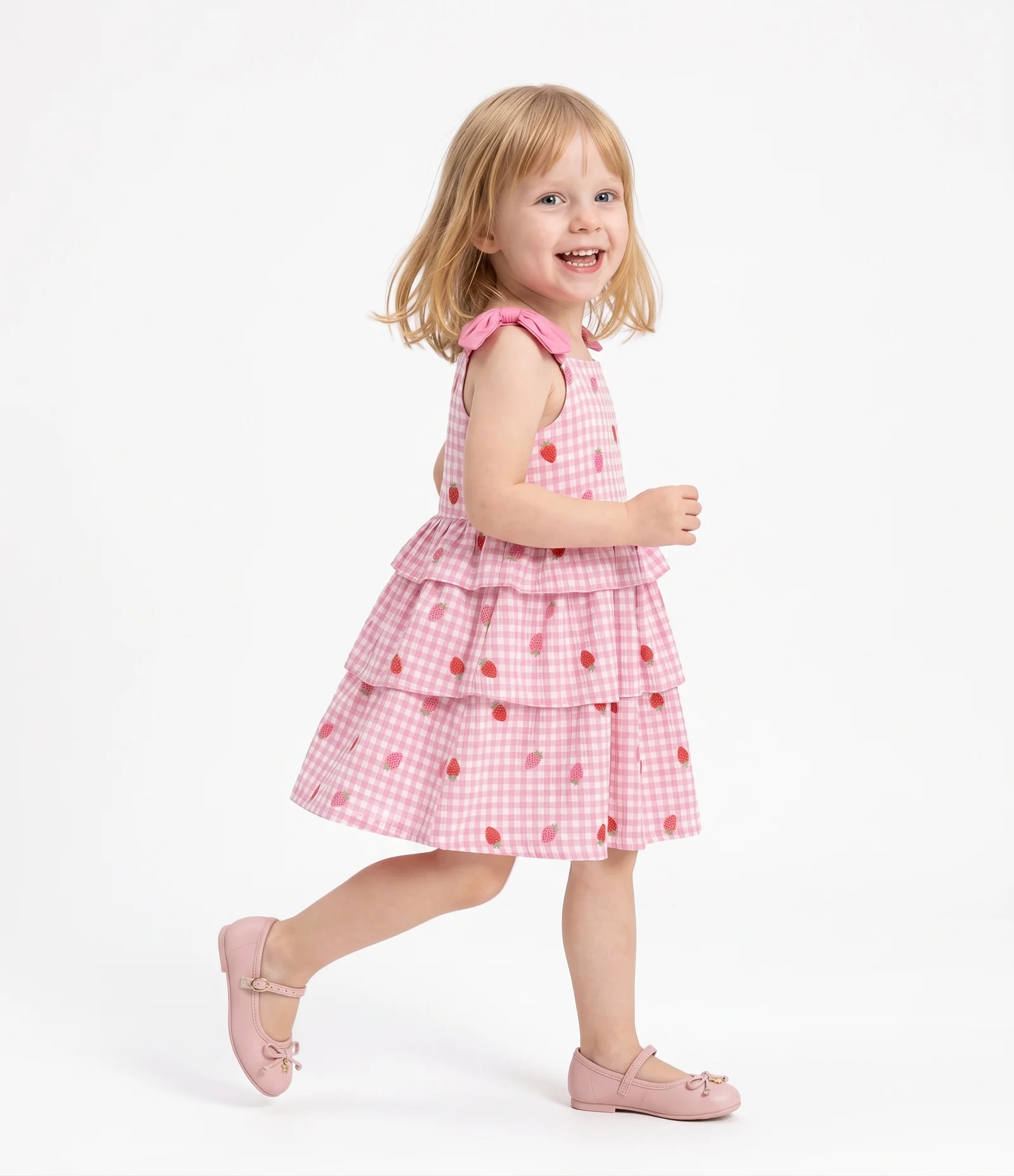 Vestido Infantil Xadrez com Moranguinhos - Tam 1 a 6 Anos Rosa 2