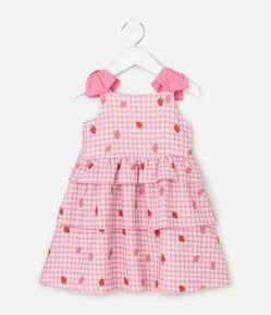 Vestido Infantil Em algodão com Estampa Morangos e Babados Tam - 1 a 6 Anos