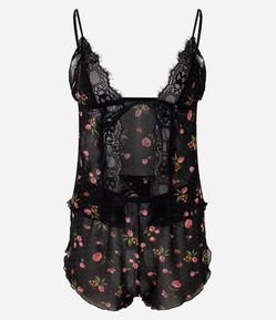 Pijama Tule Floral com Renda e Amarração