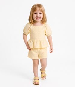 Conjunto Infantil Em Algodão Bordado de Corações com Blusa Peplum - Tam 1 a 6 Anos