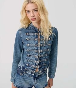 Jaqueta Napoleônica em Jeans com Botões Metálicos