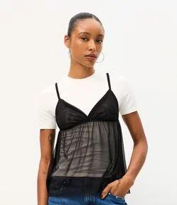 Camiseta Baby Tee com Sobreposição de Regata Transparente
