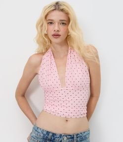 Blusa Frente Única em Tule Poá com Laço no Pescoço