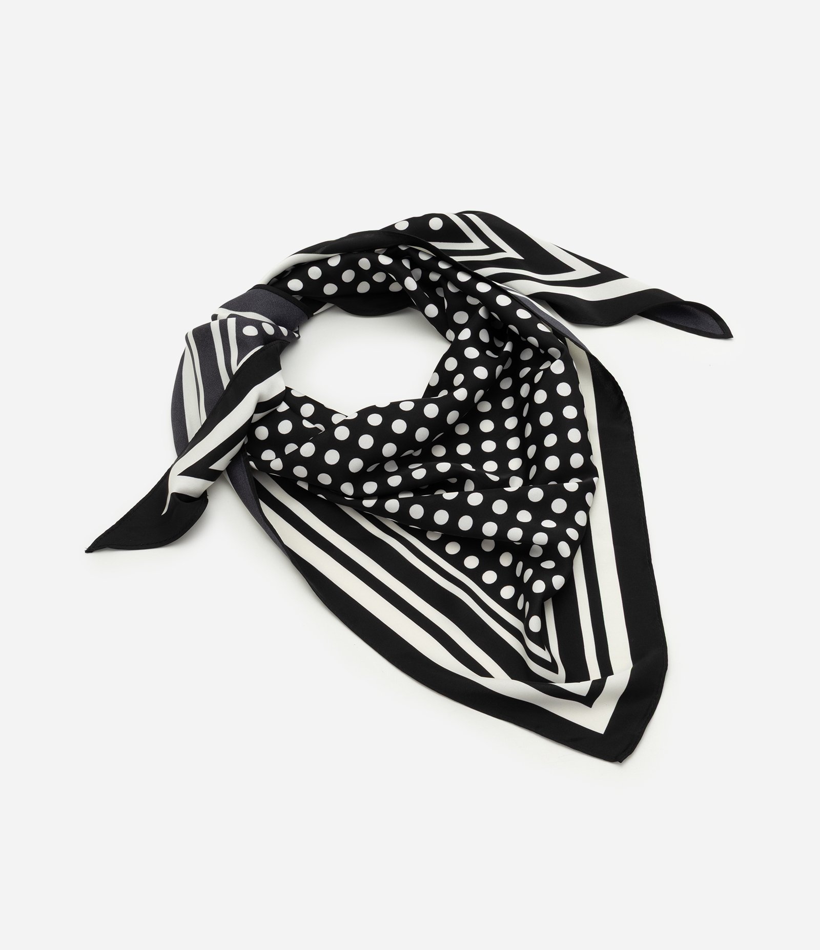Lenço Triangular Acetinado com Estampa Poá e Moldura Geométrica Preto 1