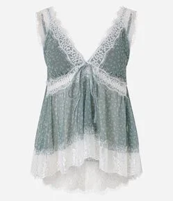 Blusa em Tule Floral com Renda e Amarração Frontal