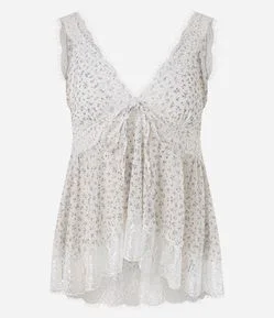 Blusa Floral em Tule com Renda e Amarração Frontal