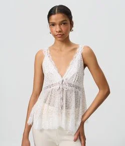 Blusa Floral em Tule com Renda e Amarração Frontal