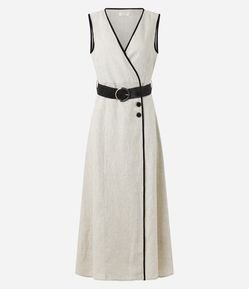 Vestido Chemise Midi em Linho com Cinto de Ráfia
