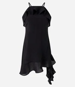 Vestido Curto em Viscose com Babado e Barra Assimétrica